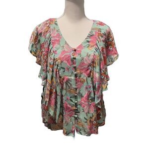 Haute hippie tribe Green Floral Button Front Draped Blouse Size XS